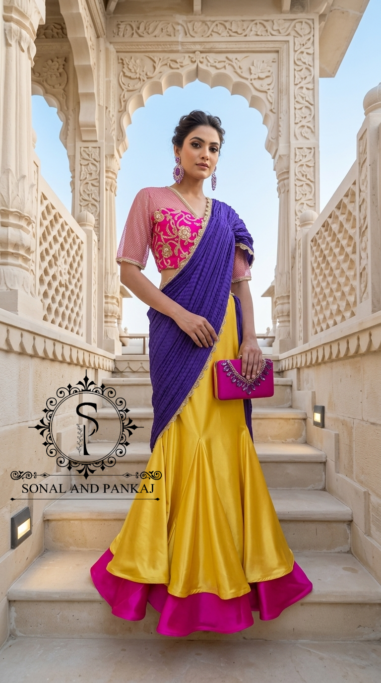 Chemisier à paillettes dorées avec vin prêt à draper Saree- SA00886