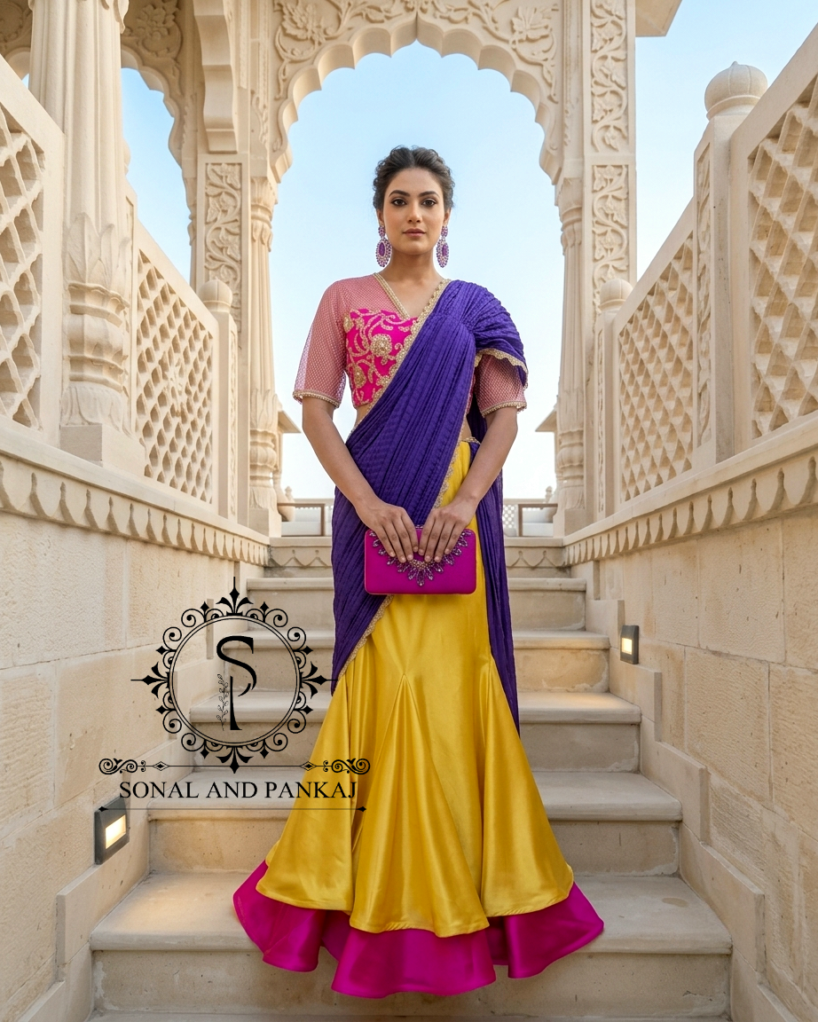 Chemisier à paillettes dorées avec vin prêt à draper Saree- SA00886