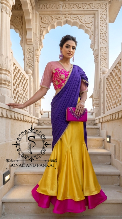 Chemisier à paillettes dorées avec vin prêt à draper Saree- SA00886