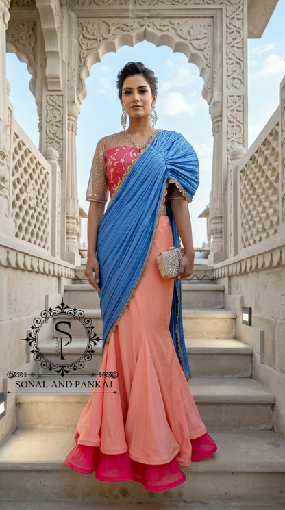 Chemisier à paillettes dorées avec vin prêt à draper Saree- SA00886