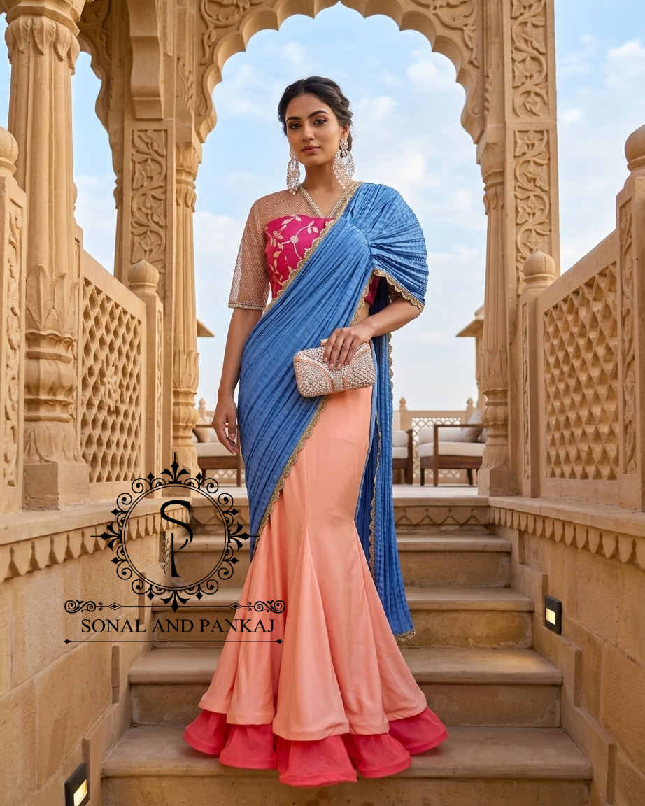 Chemisier à paillettes dorées avec vin prêt à draper Saree- SA00886