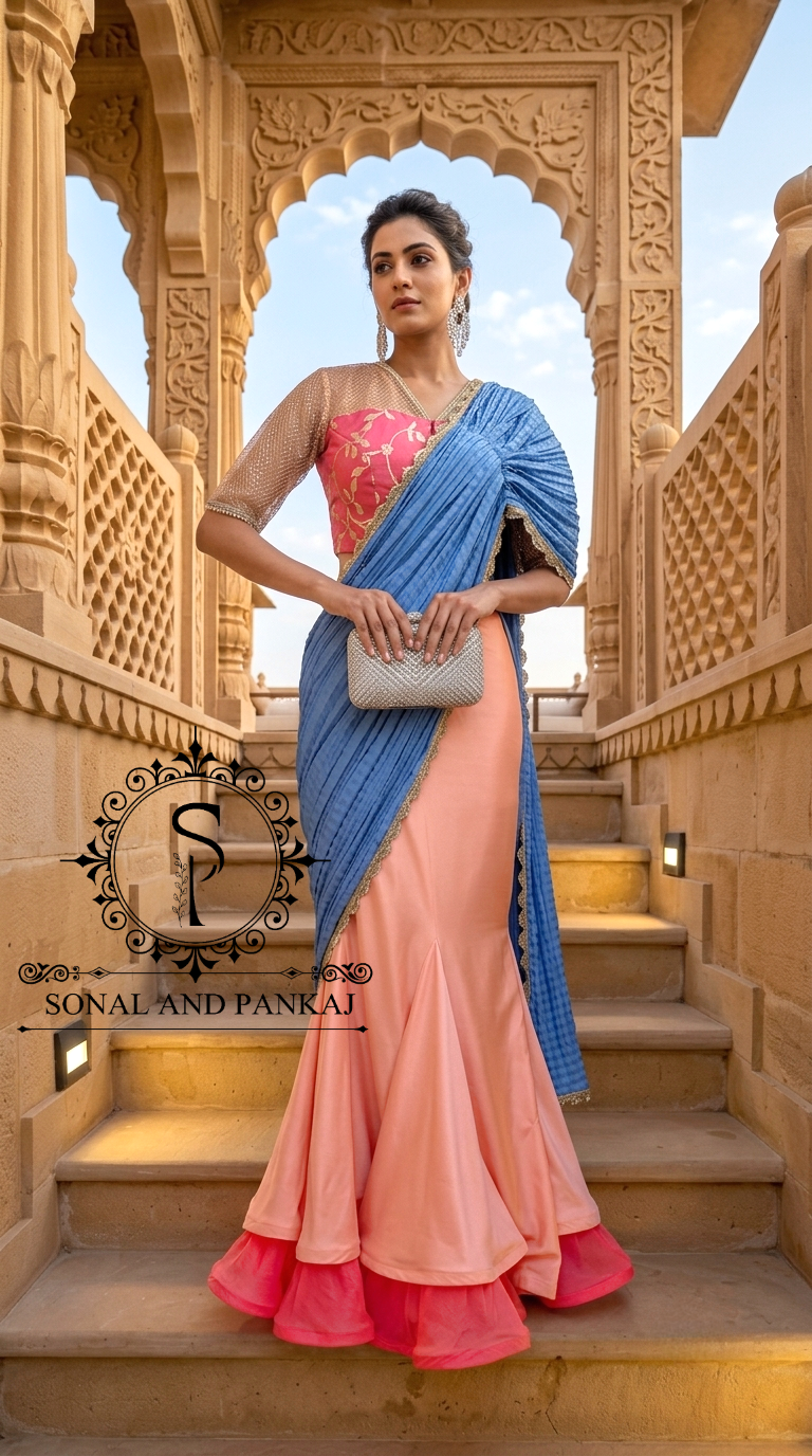Chemisier à paillettes dorées avec vin prêt à draper Saree- SA00886