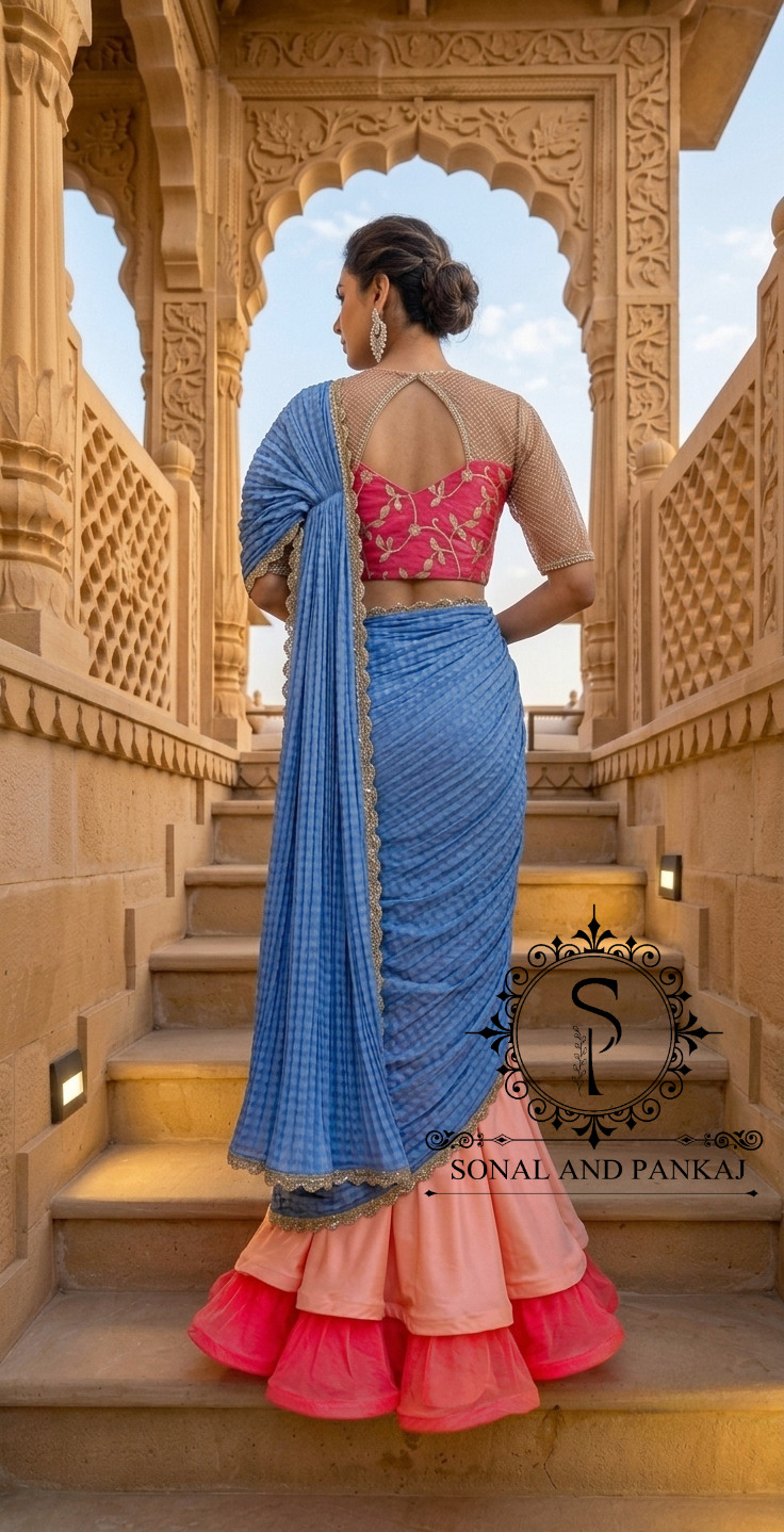 Chemisier à paillettes dorées avec vin prêt à draper Saree- SA00886