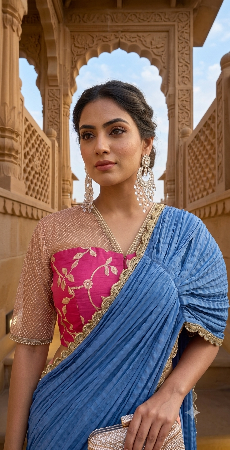 Chemisier à paillettes dorées avec vin prêt à draper Saree- SA00886