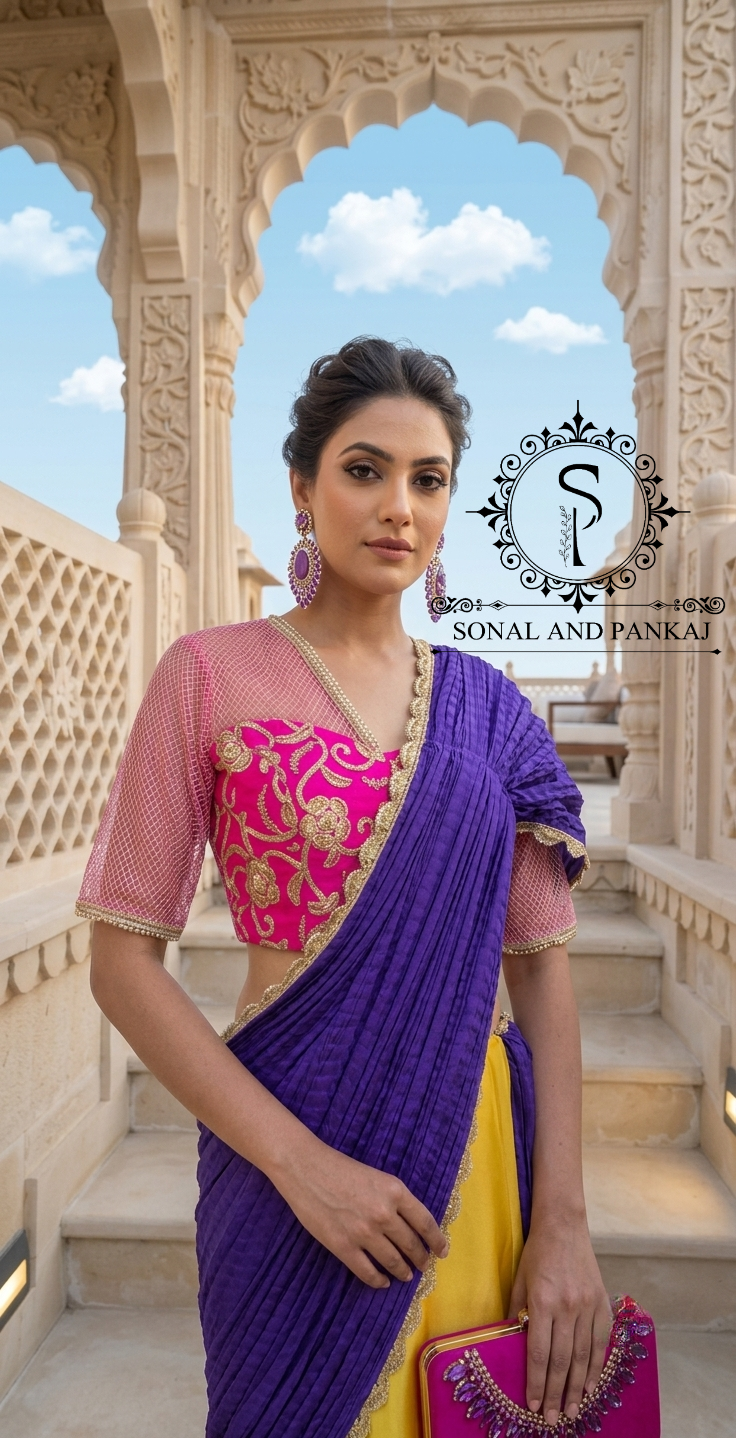 Chemisier à paillettes dorées avec vin prêt à draper Saree- SA00886