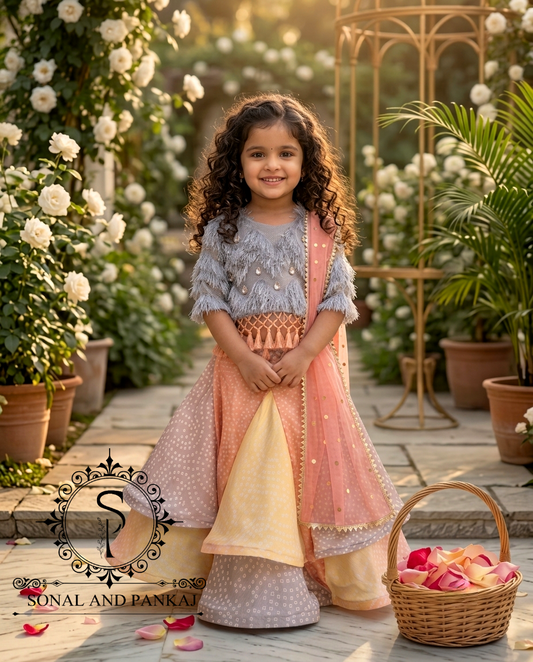 Feathery Tales Paneled Bandhani Kids Lehenga Set - KD01839