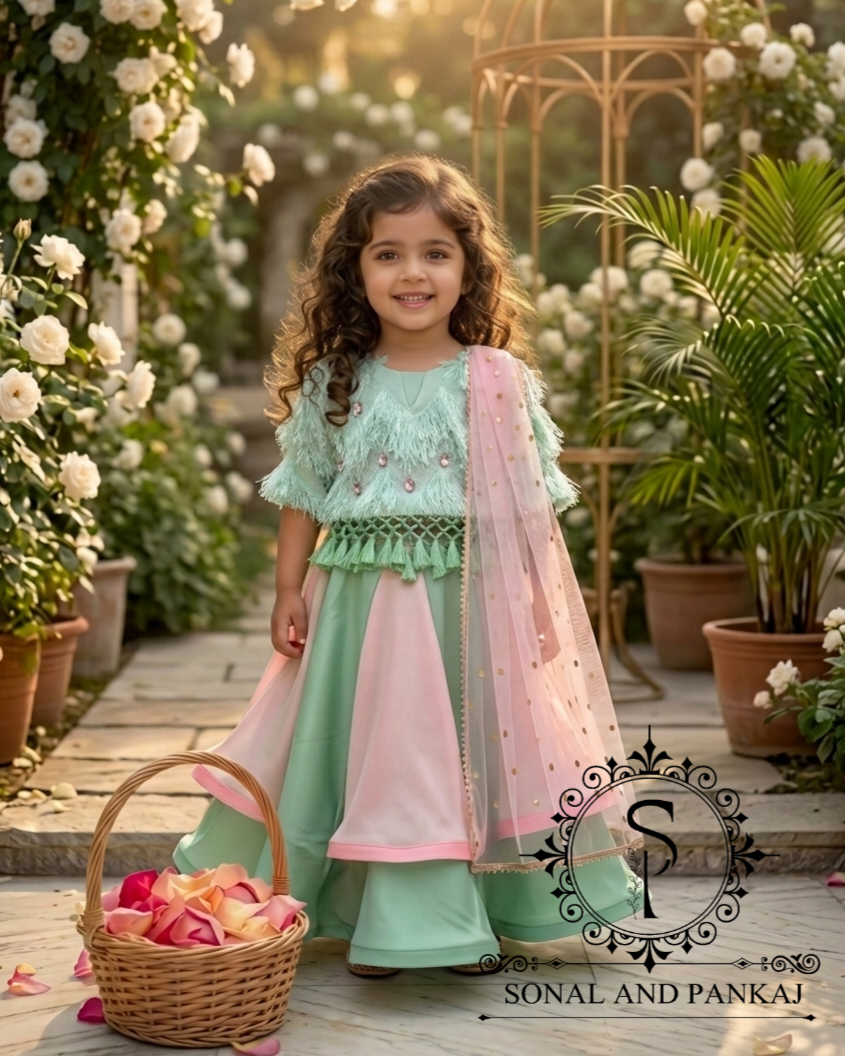 Feathery Tales Mint & Blush Paneled Kids Lehenga Set - KD01840