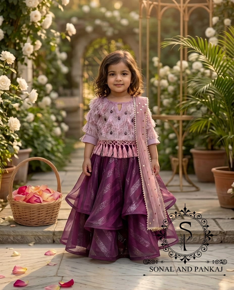 Feathery Tales Mauve & Wine Paneled Kids Lehenga Set - KD01841