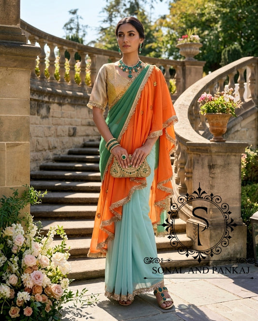 The Phuljhadi Ruffle Drape - SA01846(Green & Orange)