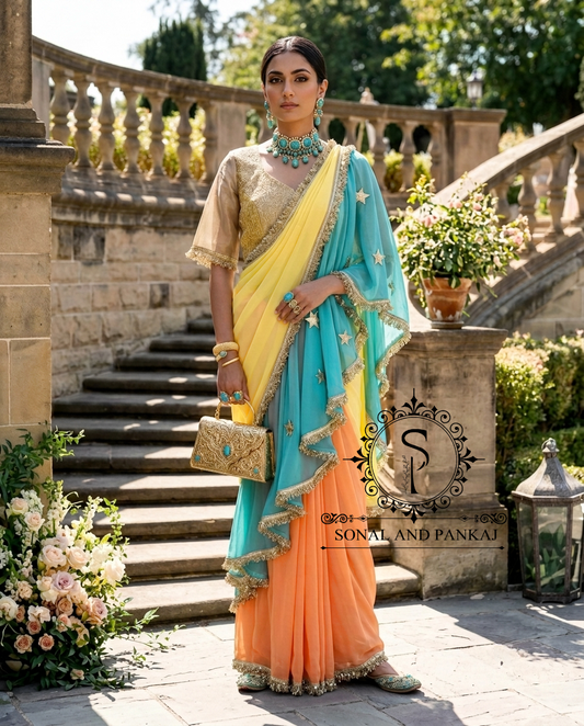The Phuljhadi Ruffle Drape - SA01847(Yellow & Turquoise)