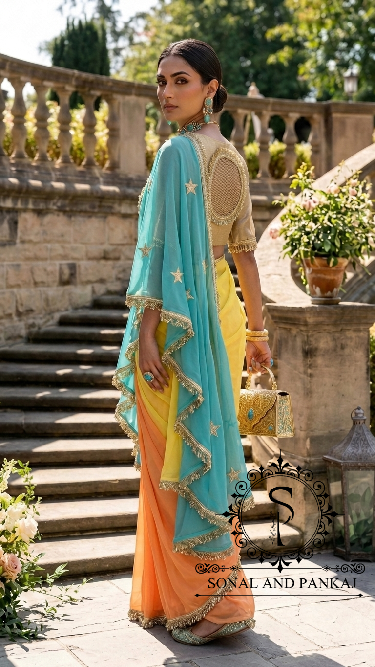 The Phuljhadi Ruffle Drape - SA01847(Yellow & Turquoise)