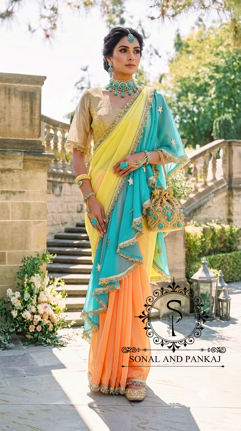The Phuljhadi Ruffle Drape - SA01847(Yellow & Turquoise)