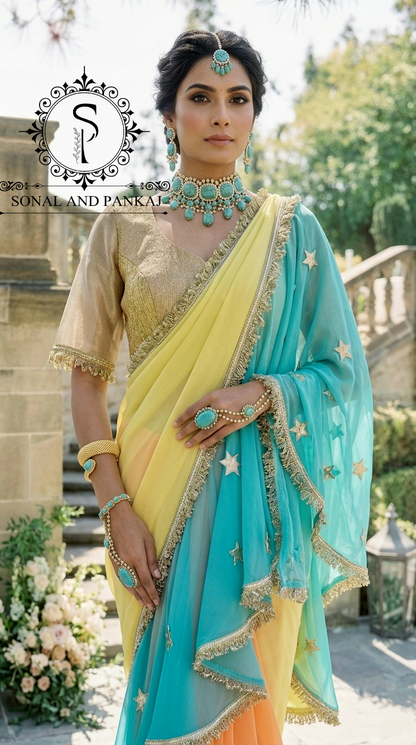 The Phuljhadi Ruffle Drape - SA01847(Yellow & Turquoise)