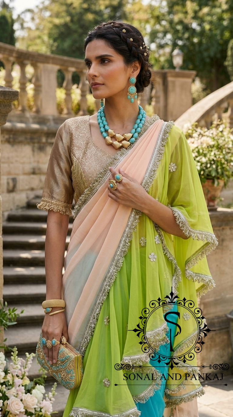 The Phuljhadi Ruffle Drape - SA01848(Peach & Green)