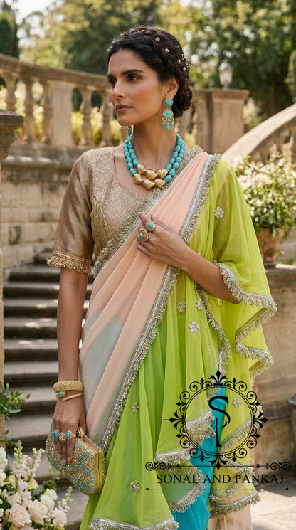 The Phuljhadi Ruffle Drape - SA01848(Peach & Green)