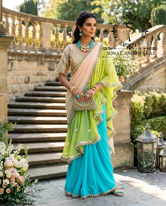 The Phuljhadi Ruffle Drape - SA01848(Peach & Green)