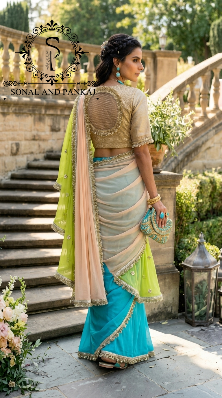 The Phuljhadi Ruffle Drape - SA01848(Peach & Green)