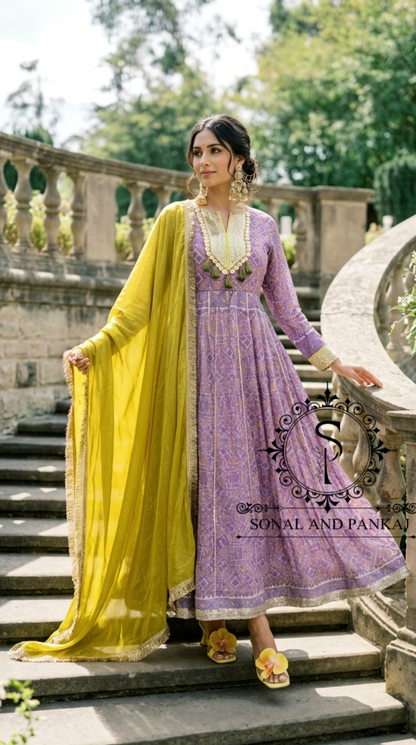 Lilac & Lime Patola Anarkali - KU01856