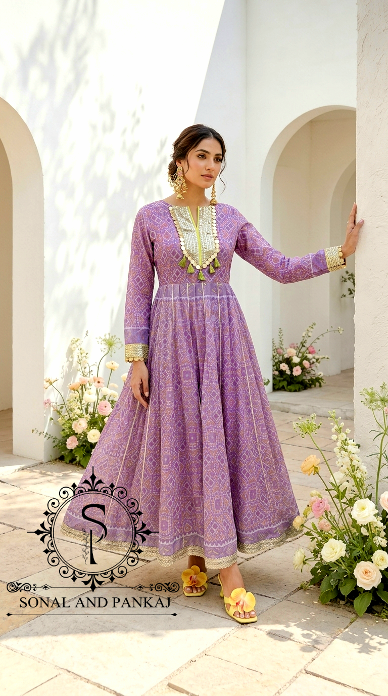 Lilac & Lime Patola Anarkali - KU01856