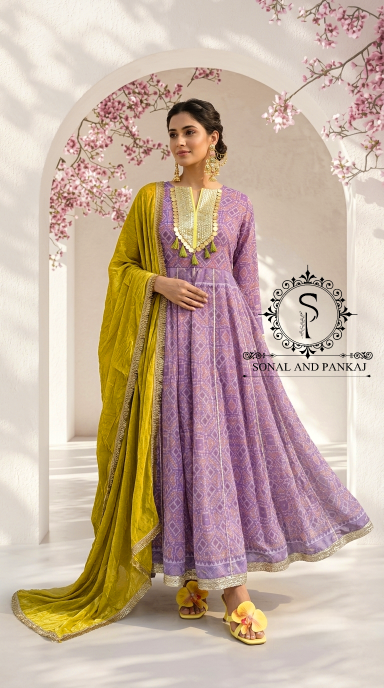 Lilac & Lime Patola Anarkali - KU01856