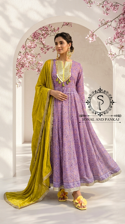 Lilac & Lime Patola Anarkali - KU01856