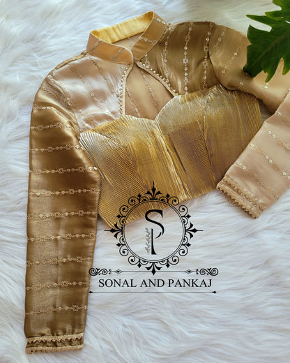 Embroidered Designer Golden Pleated Blouse - BL01146