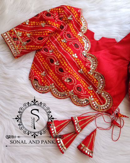 Jacket Style Red Bandhani Mirror Embroidered Blouse - BL01145