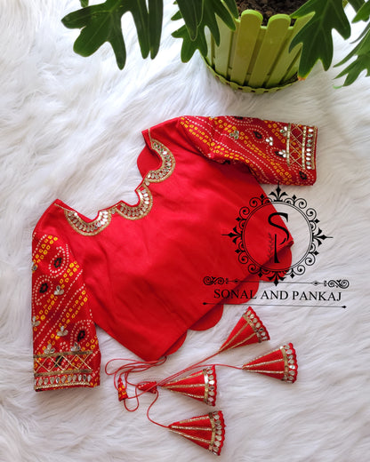 Jacket Style Red Bandhani Mirror Embroidered Blouse - BL01145