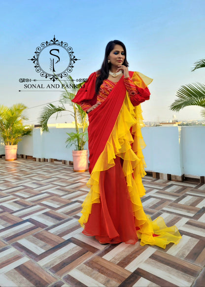 Saree prêt à porter avec robe imprimée Bandhani - SA01156