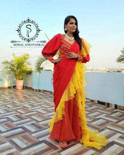 Ready To Wear Bandhani Print Gown Saree - SA01156