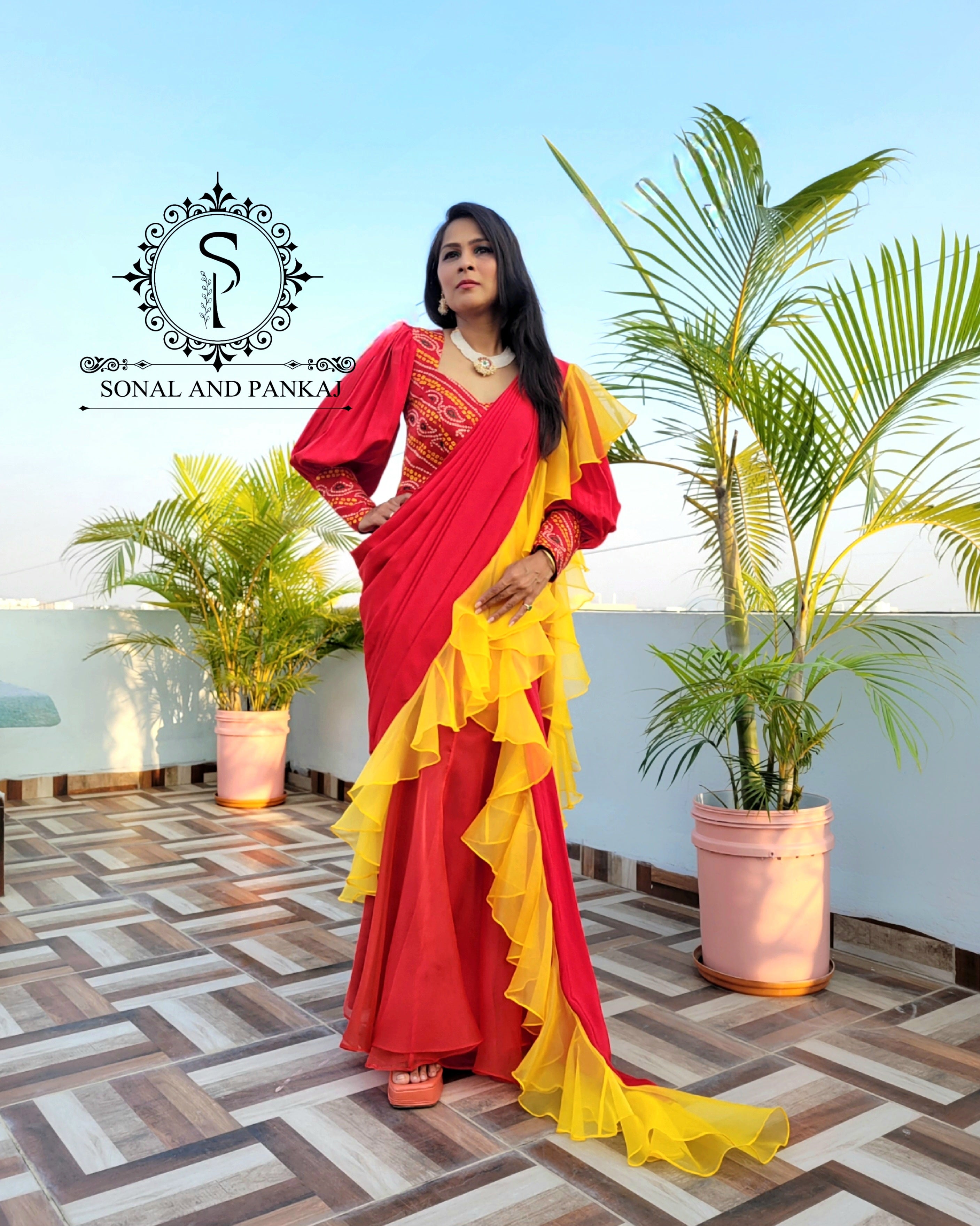 Shop Online Gold Stitched Gown Sari - AD Singh