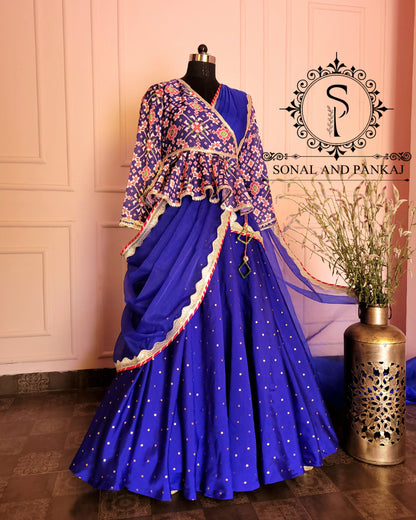 Royal Blue Peplum Angarakkha Style Blouse With Beautiful Duppatta & Lehenga - IW01199
