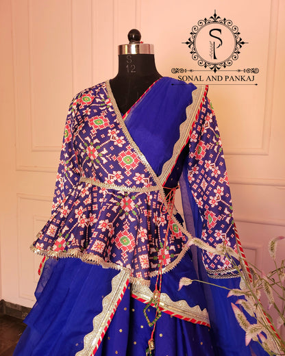 Royal Blue Peplum Angarakkha Style Blouse With Beautiful Duppatta & Lehenga - RTSIW01199