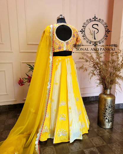 Sabhyasachi Style Yellow Patola Blouse With Beautiful Duppatta & Kalidaar Lehenga - LH01201