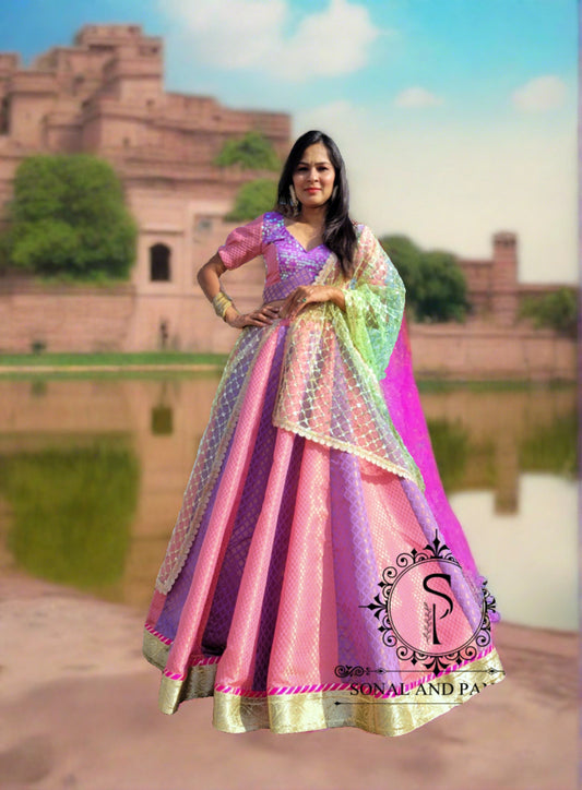 Designer Sequins-Brocade Blouse With Beautiful Duppatta & Kalidaar Brocade Lehenga - LH01205