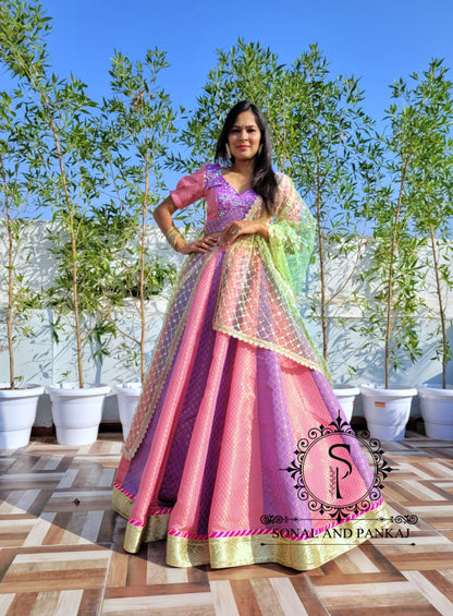 Designer Sequins-Brocade Blouse With Beautiful Duppatta & Kalidaar Brocade Lehenga - LH01205