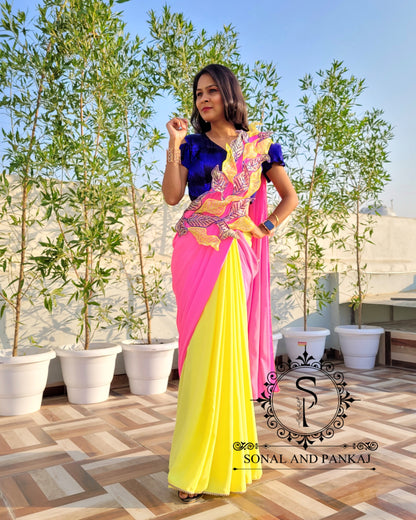Cold Shoulder Pleated Blouse With Neon Pink & Yellow Pre-Pleated Saree - SAMPLE01224
