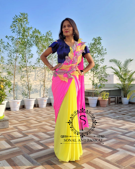 Cold Shoulder Pleated Blouse With Neon Pink & Yellow Pre-Pleated Saree - SA01224