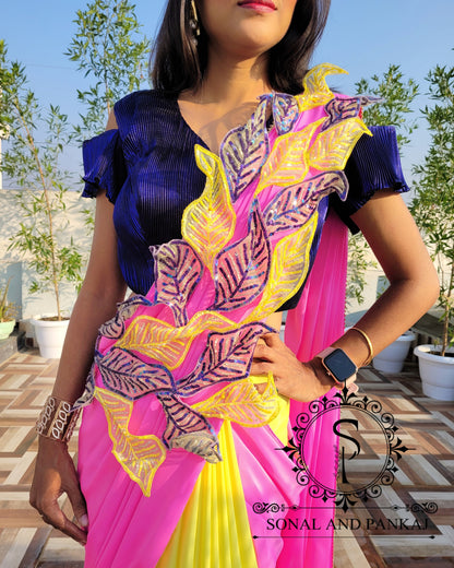 Cold Shoulder Pleated Blouse With Neon Pink & Yellow Pre-Pleated Saree - SA01224