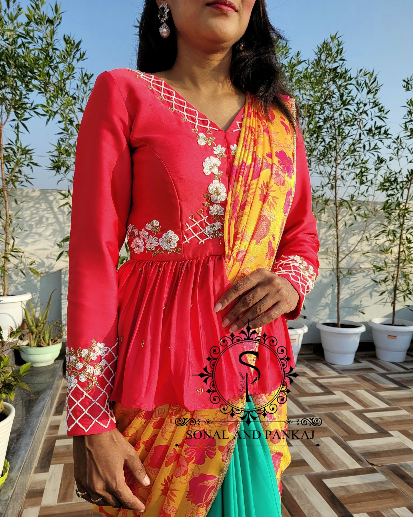 Coral Red Hand Embroidered Peplum Blouse With Beautiful Saree - SAMPLE01325