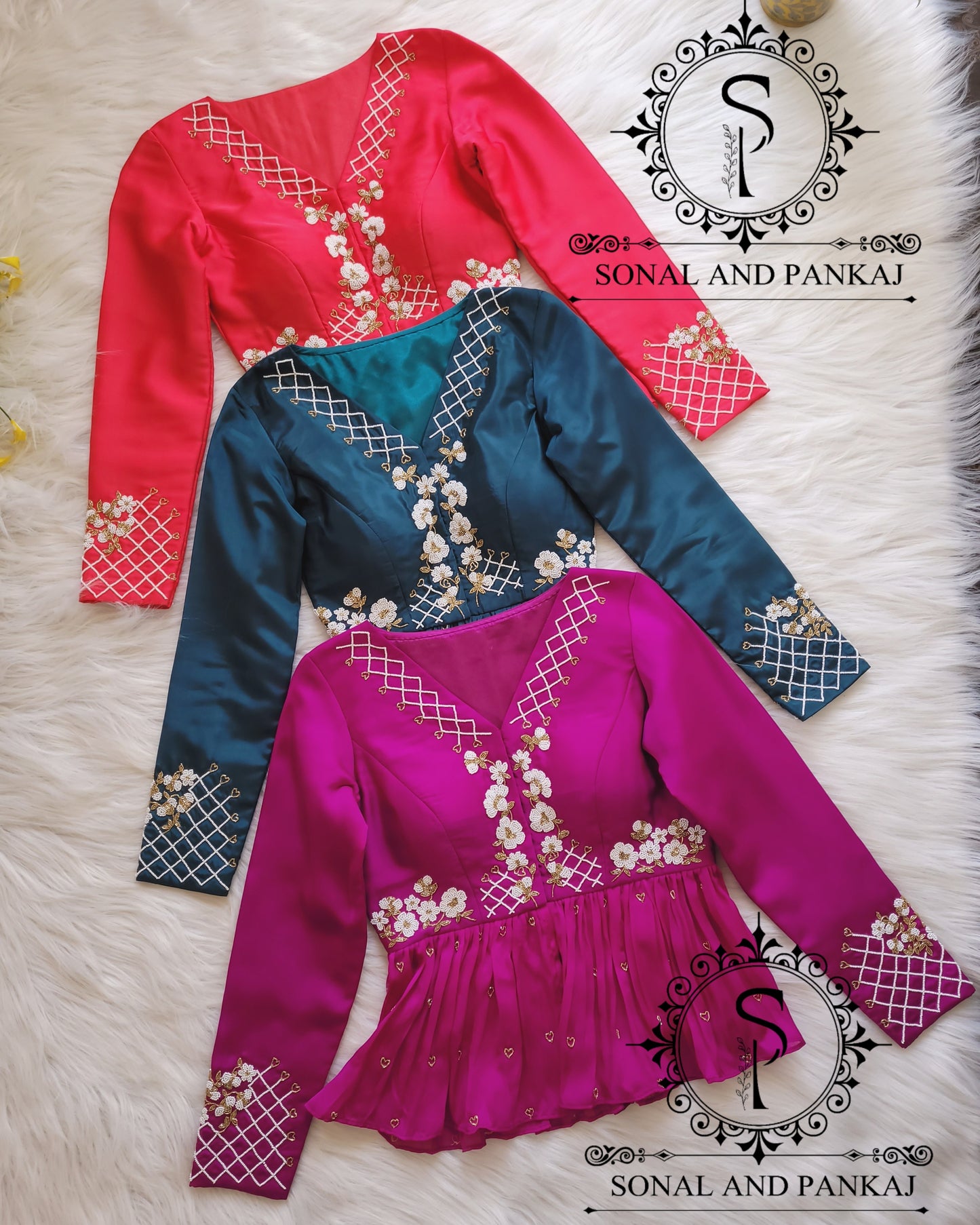 Beautiful Pearl Hand Embroidered Teal Blue Color Blouse - BL01267