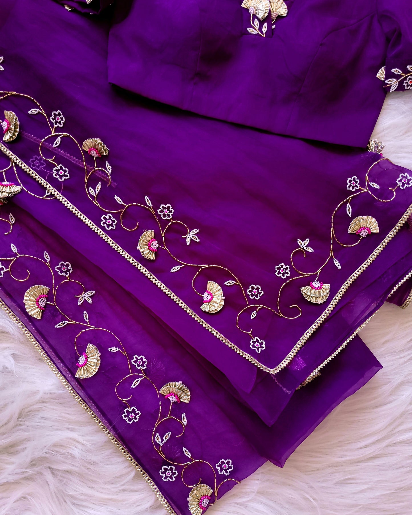 Hand Embroidered Purple Organza Designer Blouse & Saree - SA01221