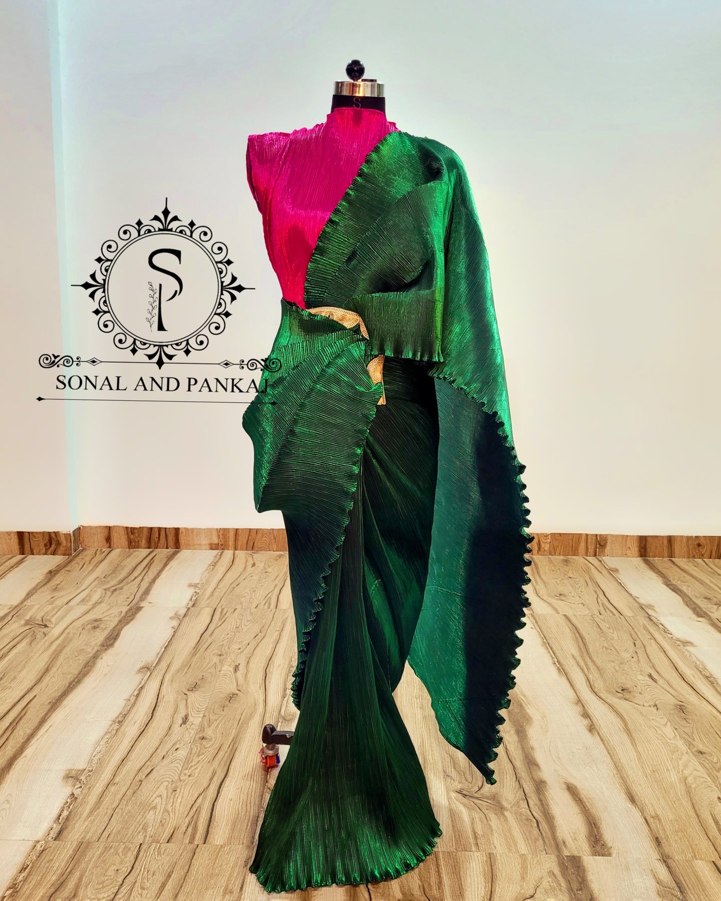 Metallic Pleated Magenta Pink Top & Bottle Green Pleated Drape Ready To Wear Saree - RTW01297