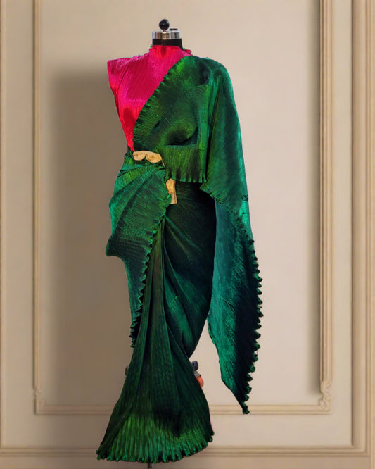 Metallic Pleated Magenta Pink Top & Bottle Green Pleated Drape Ready To Wear Saree - RTW01297