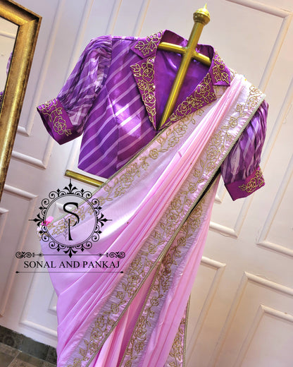 Baby Pink Hand Embroidered Saree & Leheriya Blouse - SA01319