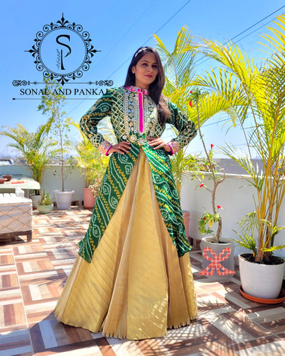 Bandhani Gotta Patti Kurti With Designer Kalidaar Lehenga & Dupatta - LH01323