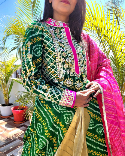 Bandhani Gotta Patti Kurti With Designer Kalidaar Lehenga & Dupatta - SAMPLE01323