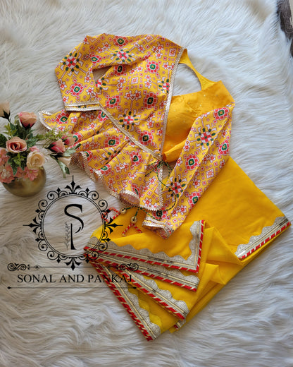 Yellow Digital Patola Print Peplum Style Blouse With Organza Saree - SA01339