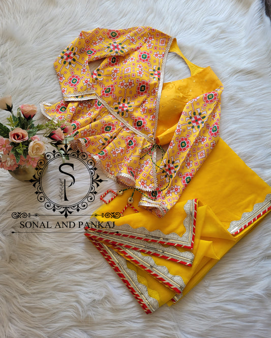 Yellow Digital Patola Print Peplum Style Blouse With Organza Saree - SAMPLE01339