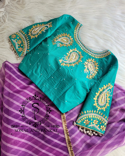 Green Gotta Patti Hand Embroidered Blouse With Leheriya Saree - SAMPLE01337